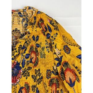 Avenue Women's Yellow Floral Smocked V Neck Button Front Tiered Midi Size 18